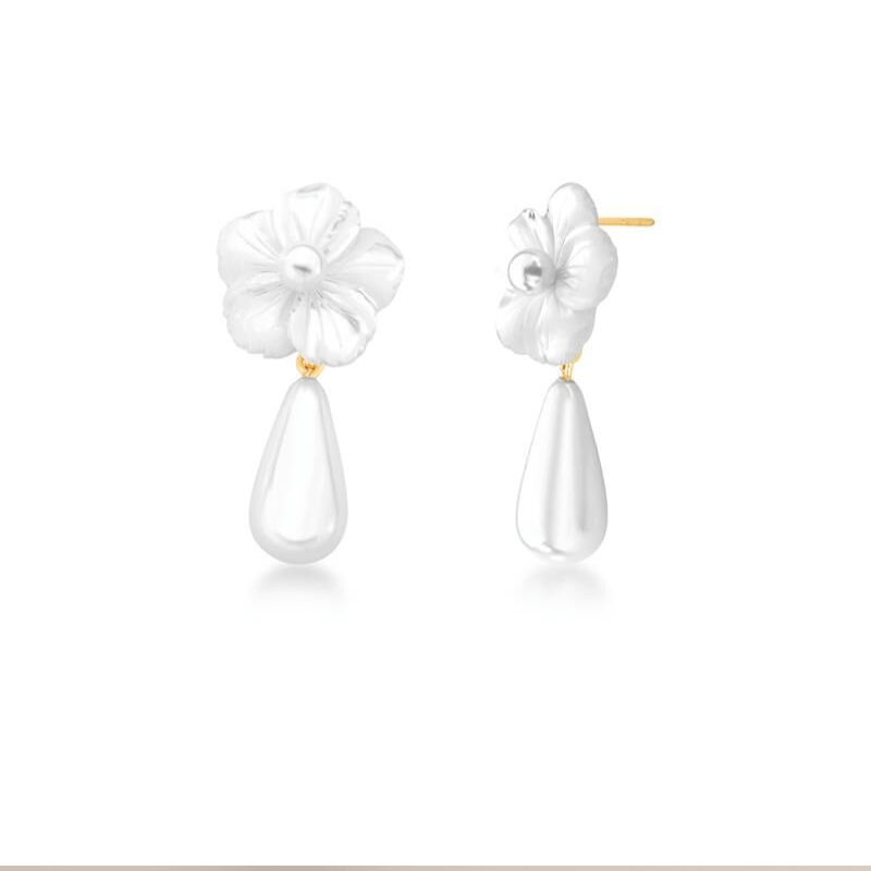 Close-up product image of floral gold earrings with pearl drop accent