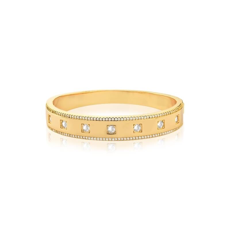 Gold bangle with double row of white zircon stones