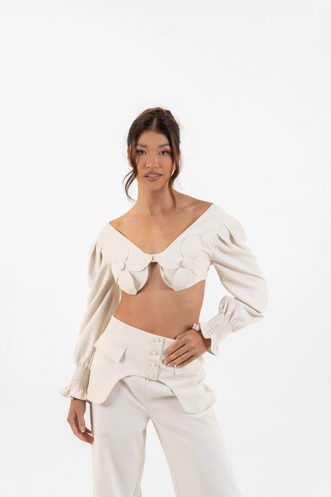 
                  
                    Model in Floral Elegance Set – front pose with off-shoulder top
                  
                