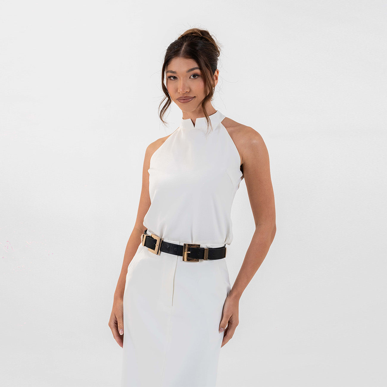 Model wearing Milan Duo Set showcasing the halter top from the front view.