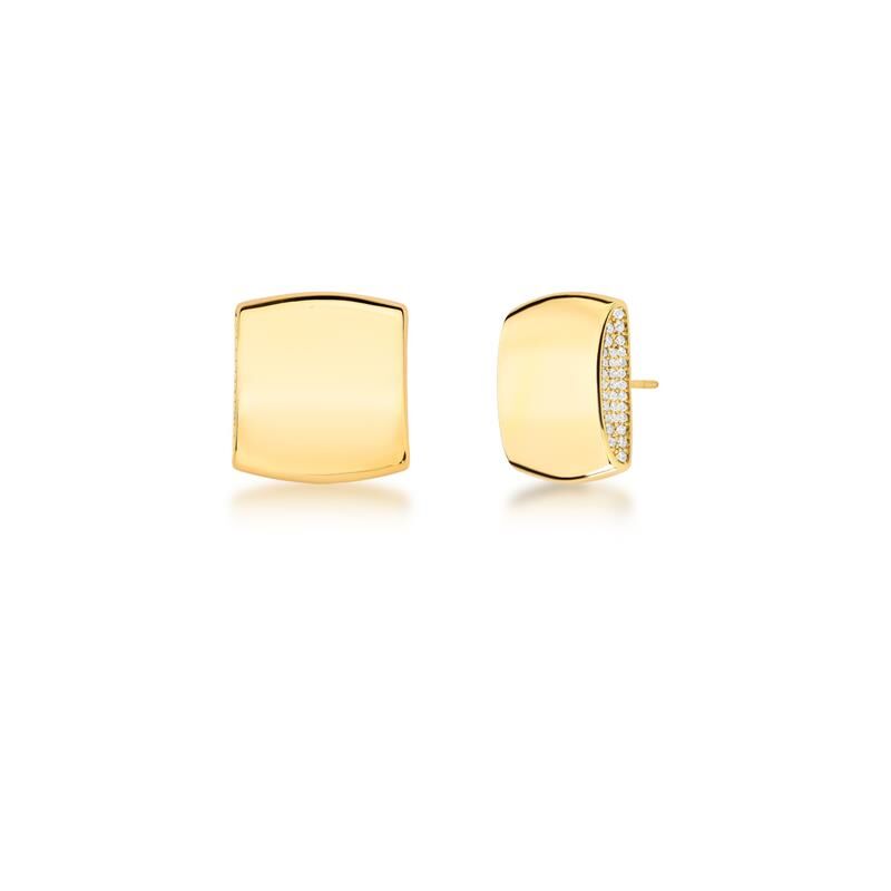 Close-up of gold-plated square earrings with zirconia detail on white background