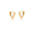 Heart-shaped gold hoop earrings with centered shell pearl on white background