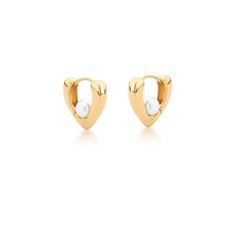 Heart-shaped gold hoop earrings with centered shell pearl on white background