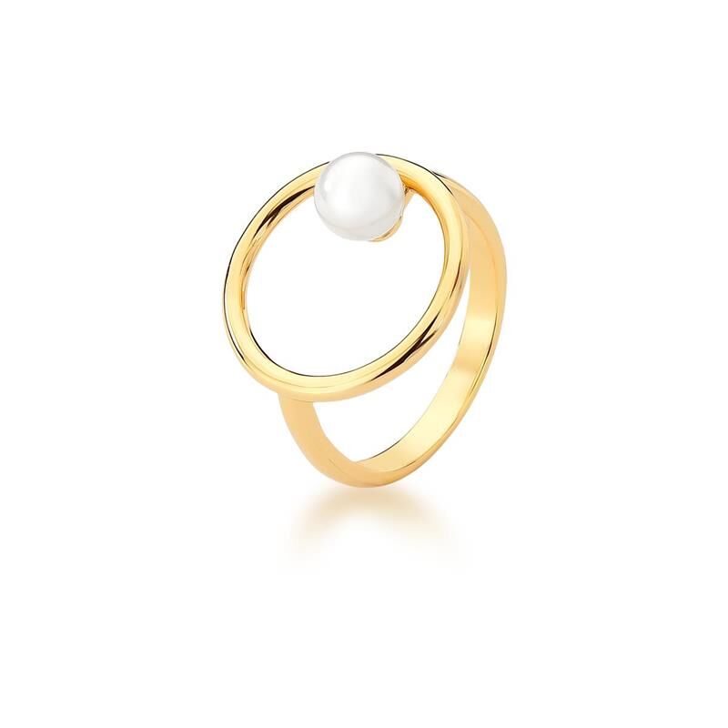 Gold-plated hollow round ring with central pearl shell accent on white background