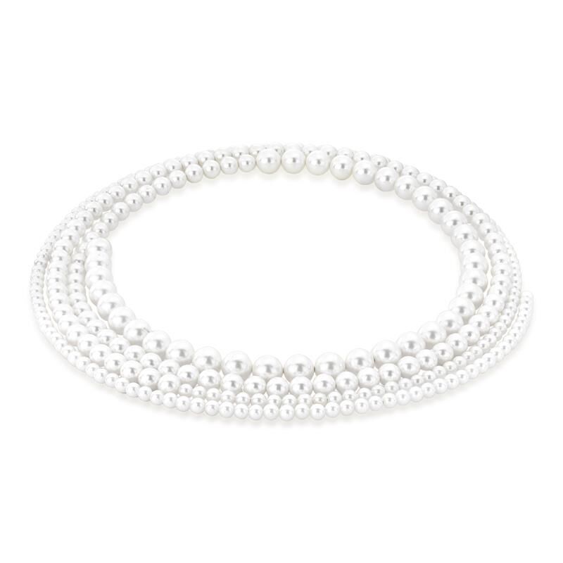 Close-up of hoop-shaped necklace with gold finish and white shell pearls