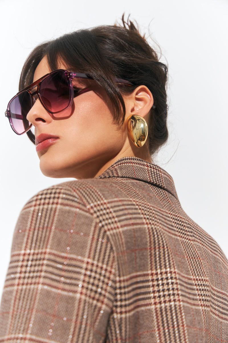 Satin Oval Studs styled with blazer side view