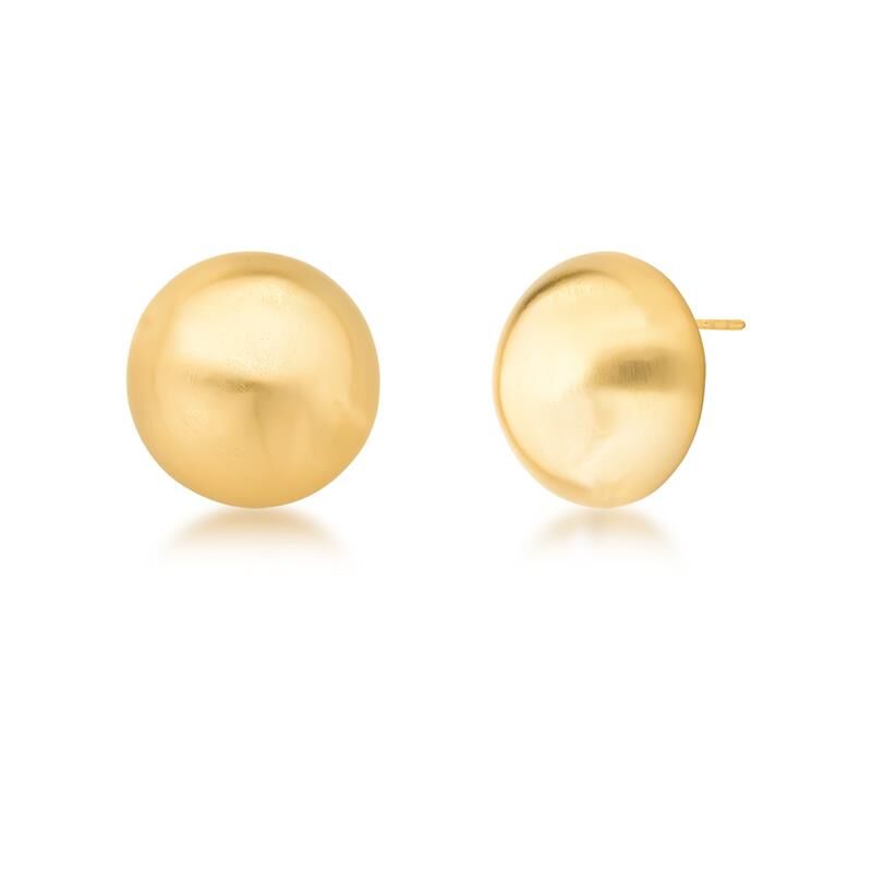 Satin gold sphere stud earrings on white background