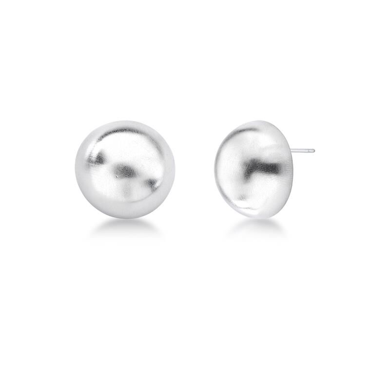 Satin silver sphere stud earrings on white background