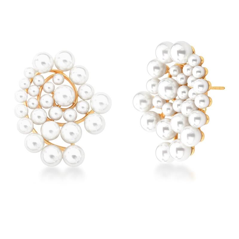 Spiral pearl drop earrings with white gold finish on white background