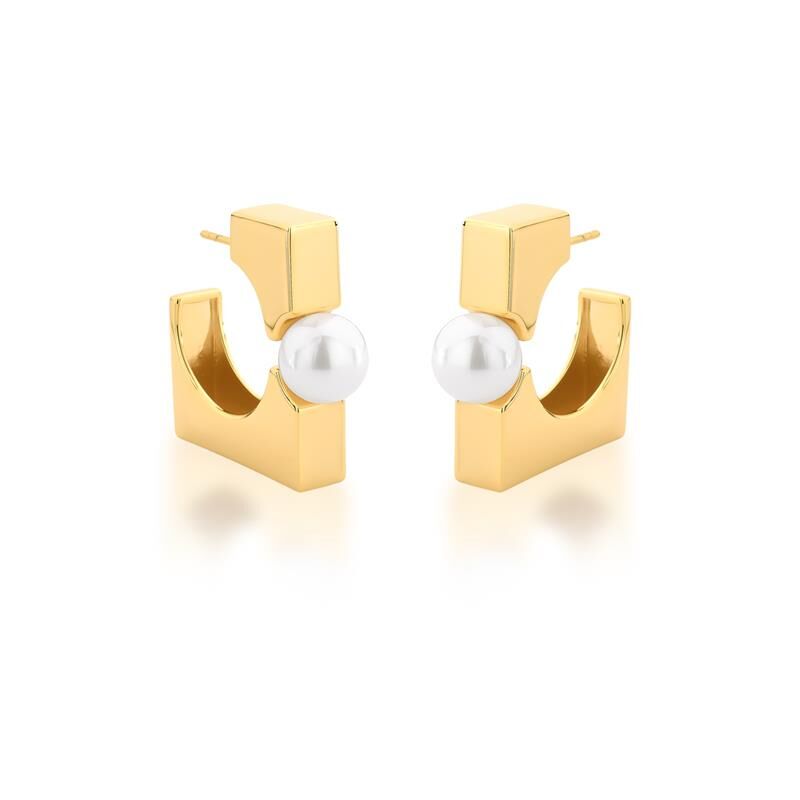 Square Pearl Hoop earrings displayed on white background, front and side views